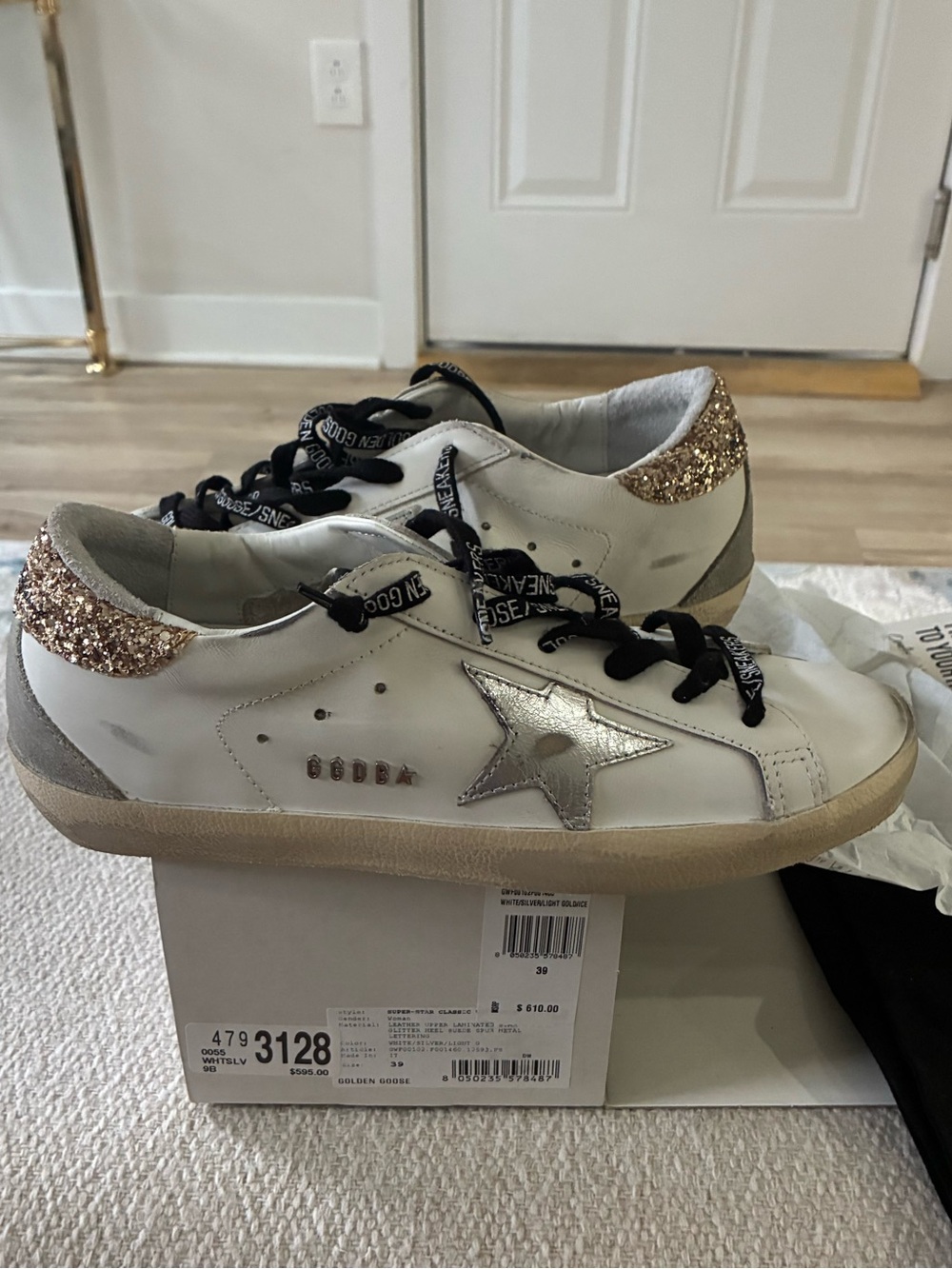 Women's Super-Star with gold star and black glitter heel tab
